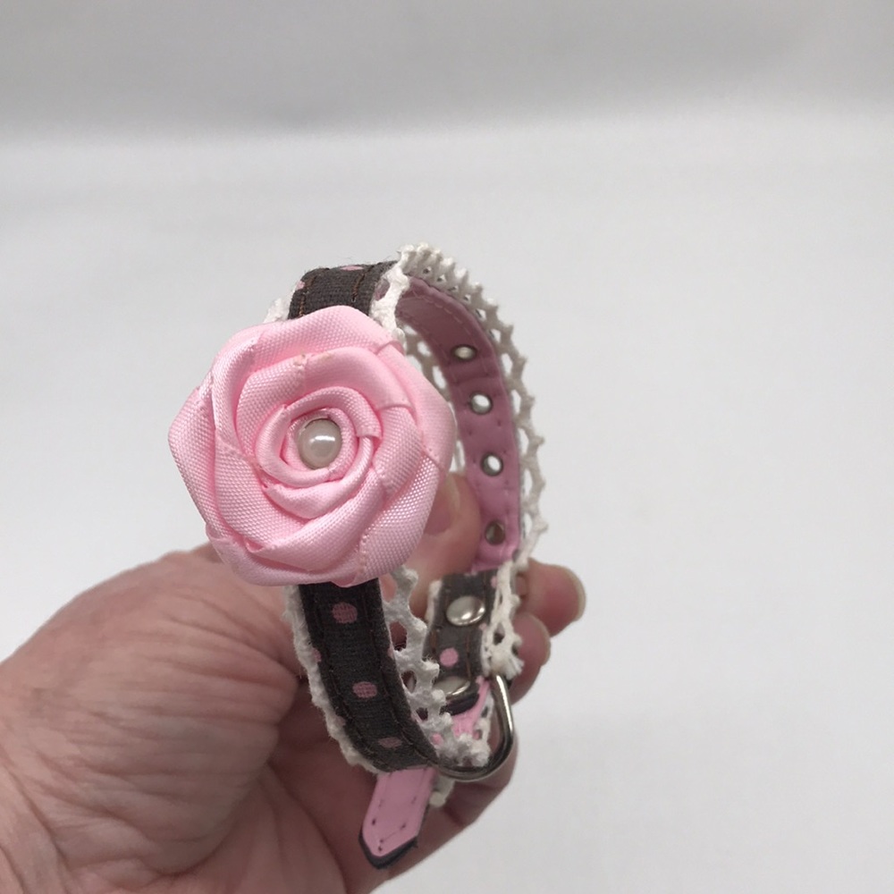 Dog Collar Pink Polka Dots on Chocolate Brown/Pink Ribbon Rose w/Pearl Center